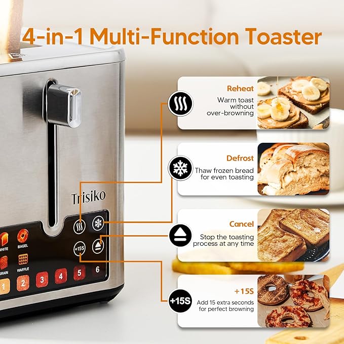 Trisiko® Touch Screen Toaster 2 Slice Stainless Steel Smart Toaster with Digital Timer 1.38 Extra-Wide Slots for Bread&amp Bagelwith Reheat Defrost Cancel +15s Boost Great for Home OfficeDo
