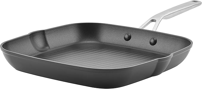 KitchenAid Hard Anodized Induction Nonstick Square Grill Pan/Griddle with Pouring Spouts 11.25 Inch Matte Black