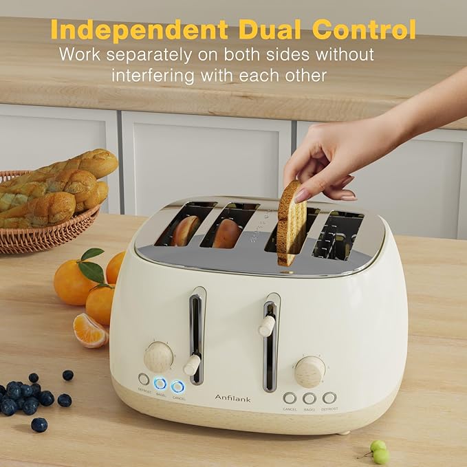 Toaster 4 SliceRetro Stainless Steel Toaster with Extra Wide Slots Cancel Bagel Defrost Function Dual Independent Control Panel Removable Crumb Tray and High Lift Lever (Beige)