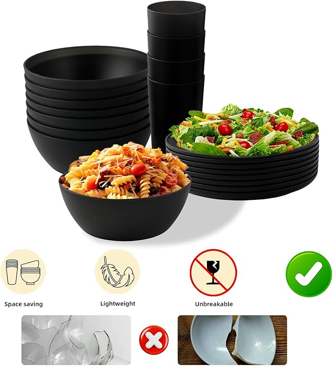 24pcs Dinnerware SetsPlates and Bowls SetsDishes Set for 8Unbreakable Modern Dish SetsReusable Dinning SetDishware Sets for KitchenParty or Picnic Dishwasher SafeBlackBPA free