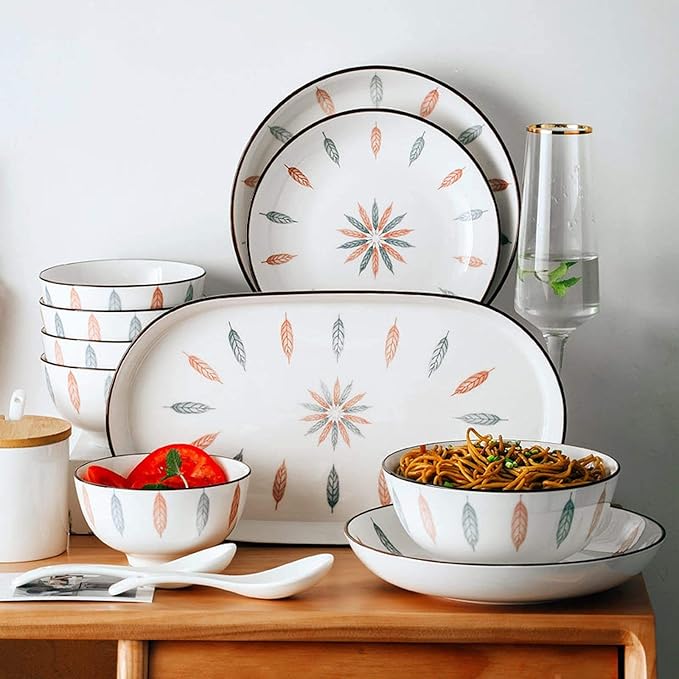Ceramics Dinnerware Set Vertical Lines Cereal Bowl and Steak Plate | 46 Pieces Japanese Style Hand-Painted Porcelain Dinner Sets for Restaurant