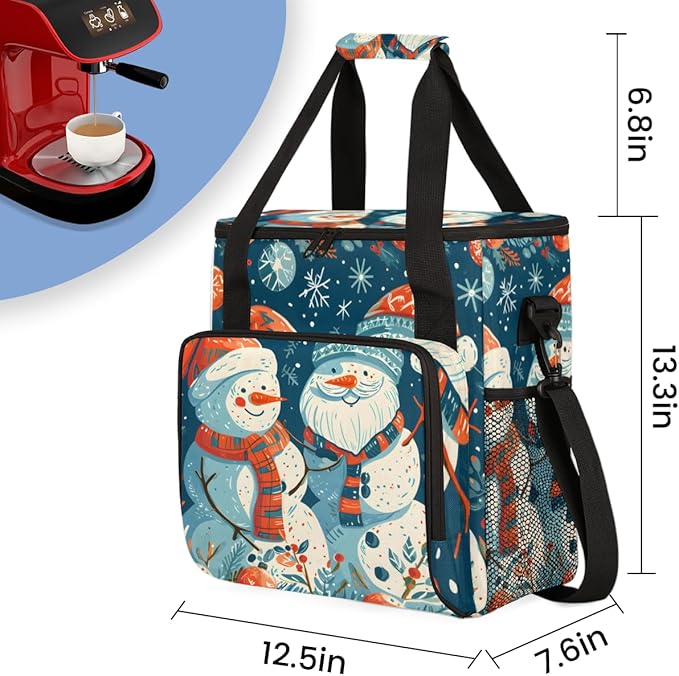 Christmas Snowman Coffee Maker Carrying Bag Watercolor Snowman Travel Storage Bag Compatible with K-Mini or K-Mini Plus Single Serve Coffee Brewer Carrying Case with Pockets &amp Shoulder Strap