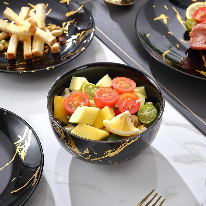 Modern Porcelain 16 Piece Black Dinnerware SetPlates and Bowls SetsGold Dish Set for 4Black Dinnerware SetDinner Sets with Dinner Plates