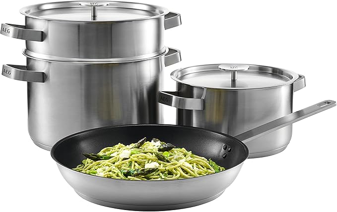 AEG A4SS Cookware Set/All Heating Types / 1 Grease Pan / 2 Pots + Lid / 1 Stainless Steel Sieve