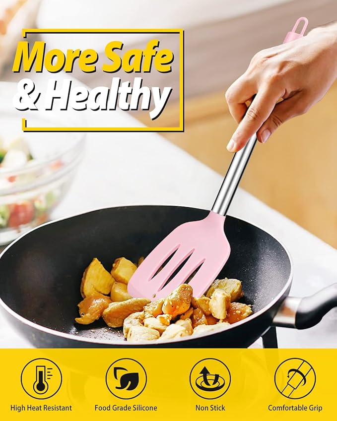Pack of 4 Silicone Cooking Utensils Set Non Stick Large Solid Spatulas Heat Resistant Pink Slotted Spoons Ideal BPA Free Kitchen Turners for Frying MixingServingDrainingTurningStirring