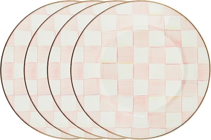 MACKENZIE-CHILDS Enamel Dinner Plate Decorative Dinnerware Plate 10 Inches Set of 4 Pink-and-White Rosy Check