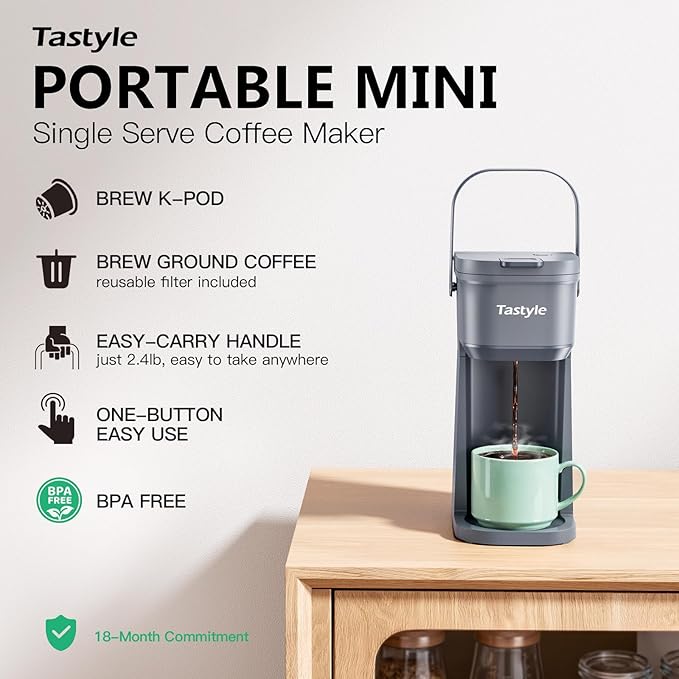 Single Serve One Cup Coffee Maker for K Cups and Grounds Mini Coffee Maker with Portable Handle 6 to 12 Oz Brew Size for Travel Camping Office RV and Dorm 120V Cool Gray