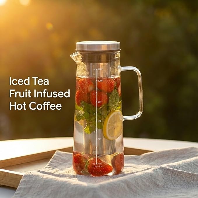 Cold Brew Coffee Maker &amp Ice Tea Maker 1.4L/48oz Cold Brew Pither Borosilicate Glass Carafe with Stainless Steel Filter Airtight Lid Dishwasher Safe Easy to Use | Mannual &amp Brush Included