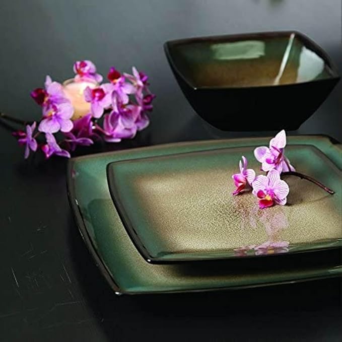 16 Piece Square Dinnerware Set Taupe Brown Solid Casual Stoneware Dishwasher Safe