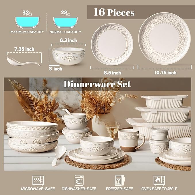 Artena Plates And Bowls Sets 16 Pieces Dinnerware Sets Dish Set For 4 Ceramic Kitchen Bowl And Plate Set Embossed White Dishware Sets Dishwasher &amp Microwave Safe (Multiple Patterns)