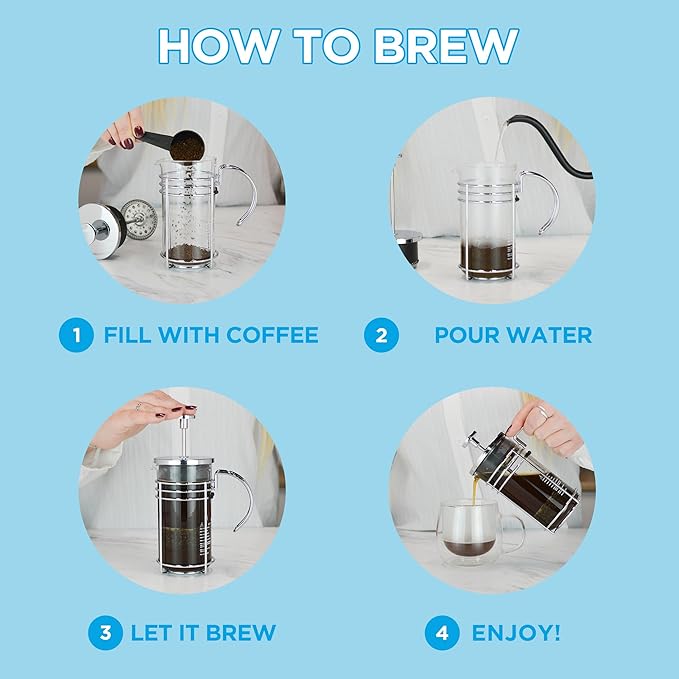 GROSCHE MADRID French Press - Premium Coffee and Tea Maker - 1.0L - 34oz - Borosilicate Glass Beaker - Dual Filter System For Rich Brew - Versatile Brewing | Stainless Steel Filter