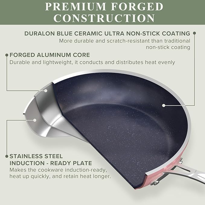 Nuwave Healthy Duralon Blue Ceramic Nonstick Cookware Set Diamond Infused Scratch-Resistant PFAS Free Dishwasher &amp Oven Safe Induction Ready &amp Evenly Heats Tempered Glass Lids &amp Stay-