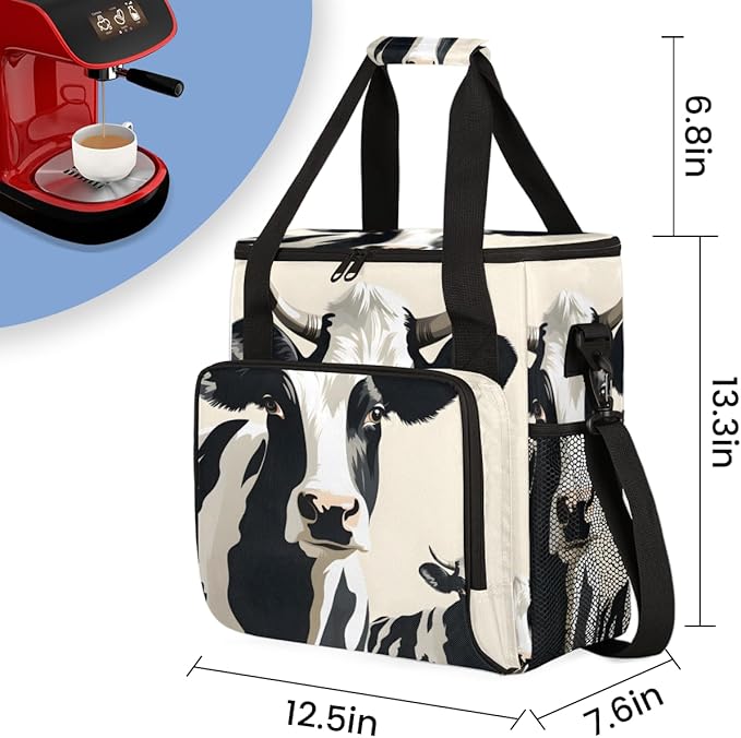 Cattle Cow Coffee Maker Carrying Bag Cute Cow Portable Travel Storage Tote Bag Compatible with K-Mini or K-Mini Plus Single Serve Coffee Brewer Carrying Case with Multiple Pockets &amp Shoulder Str