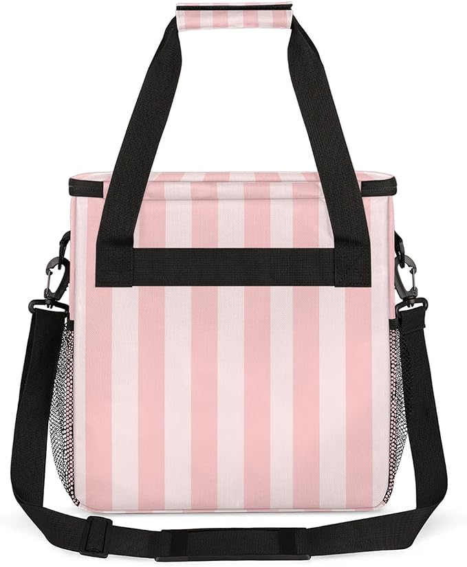 Pink Stripes Travel Coffee Maker Carrying Bag Large Organizer Storage Tote Bag Insulated Reusable Cooler Grocery Bags