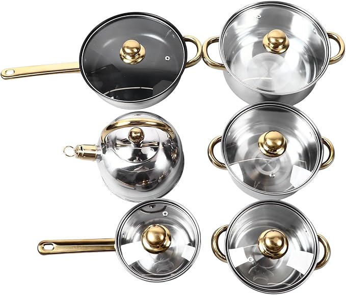 12Pcs Stainless Steel Kitchen Pots Golden Handle Smoothing Sturdy Easy to Cookware Set for Home Cooking