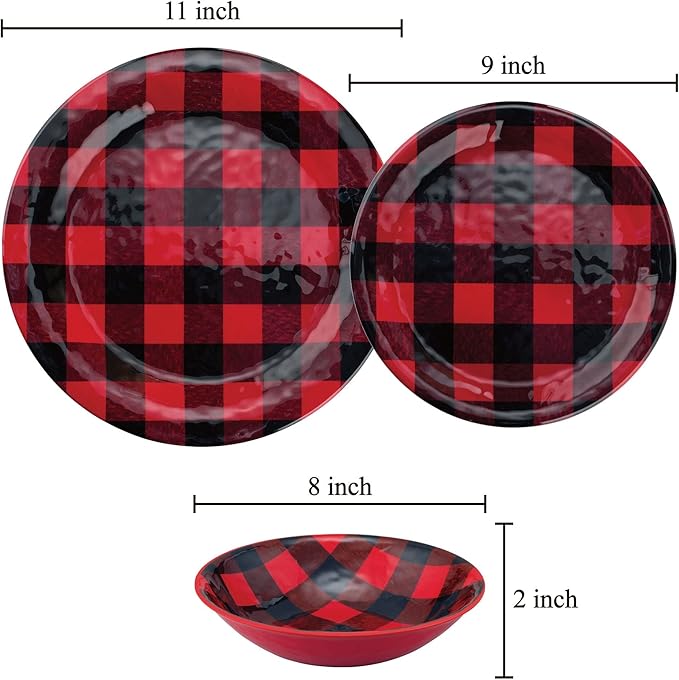 UPware 12 Piece Buffalo Plaid Melamine Dinnerware Sets Outdoor Dishes Set Plates and Bowls Sets Christmas Decorations Service for 4 Red