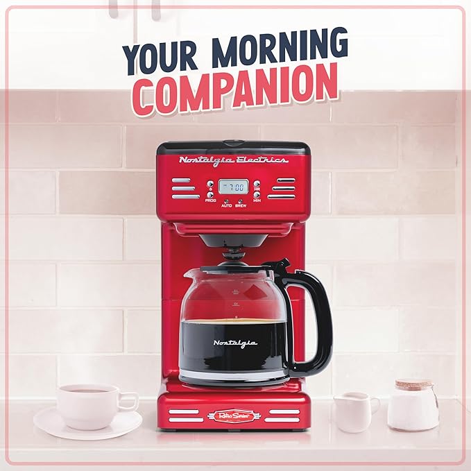 Nostalgia Retro 12-Cup Programmable Coffee Maker With LED Display Automatic Shut-Off &amp Keep Warm Pause-And-Serve Function Red