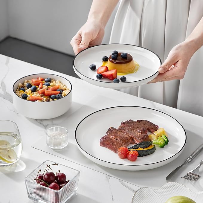 MALACASA Plates and Bowls Sets 24 Pieces Modern Porcelain Dinnerware Set for 8 White Kitchen Dinner Dining Ware Set wtih Black Rim Ceramic Dishware Dishes Microwave and Dishwasher Safe Series LUNA
