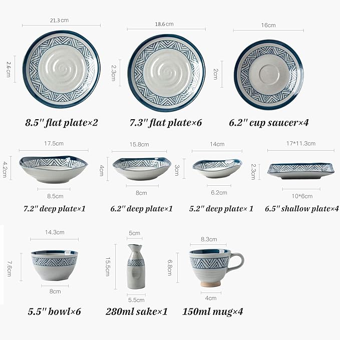 Stylish Dinner PlatesPorcelain Dinnerware Sets 28 Pieces Ceramics Dinner Combination Set | Hand Painted Blue and White Lines Cereals Bowls and Steak Plates Sets