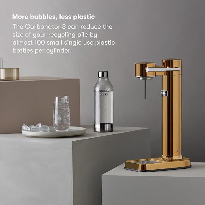 Aarke Carbonator lll Sparkling &amp Carbonation Water Machine Stainless Steel with PET BPA-Free Reusable Bottle Volume 1L/34 fl oz (Gold)