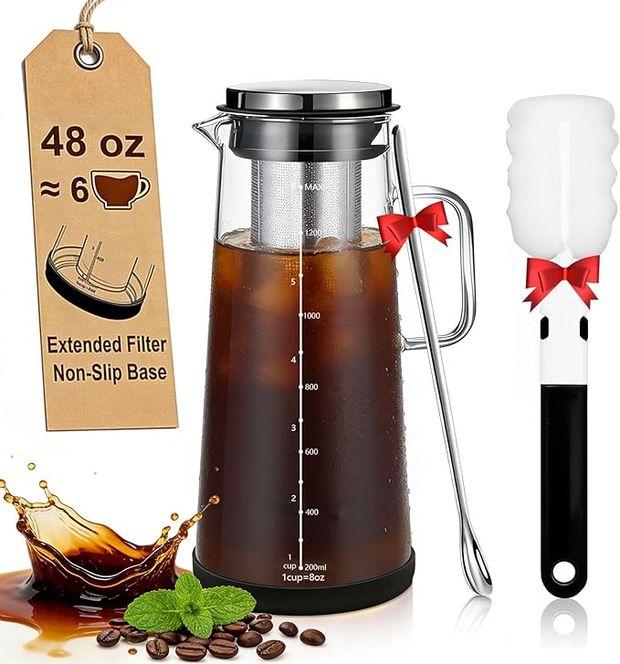 Cold Brew Coffee Maker 1.4L/48oz with Handle Extended Stainless Steel Filter for Deep Extraction Iced Tea Pitcher with Non-Slip Base Includes Cleaning Brush &amp Long Stirring Spoon