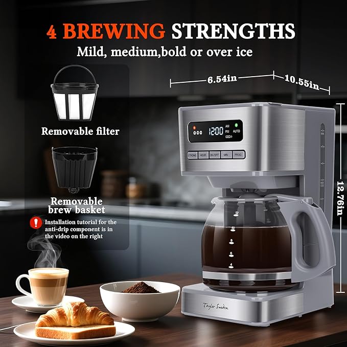Taylor Swoden Programmable Coffee Makers 12 Cup Hot and Iced Coffee Maker 4 Brew Strength LED Display 24H Timer Keep Warm&ampAuto Shutoff- Drip Coffee Machine for Home/Office Gray &amp Stainle