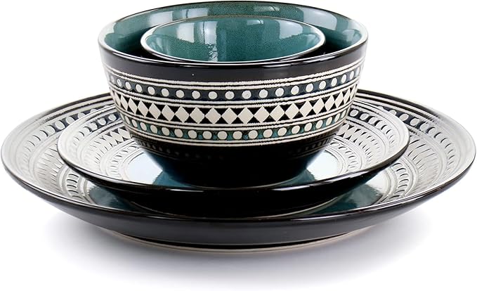 Blue Sage 16 Piece Stoneware Dinnerware Set – Double Bowl Design Microwave &amp Dishwasher Safe Plates and Bowls for Everyday Dining
