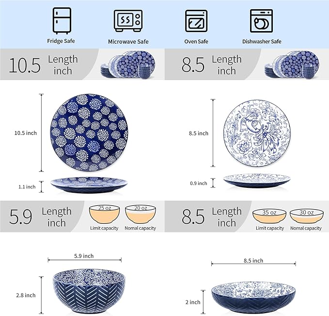 Selamica Ceramic Plates and Bowls Sets 32 Pieces Dinnerware Sets for 8 Scratch Resistant Embossed Dishes Set for Family Gatherings Dishwasher &amp Microwave Safe Dark Blue