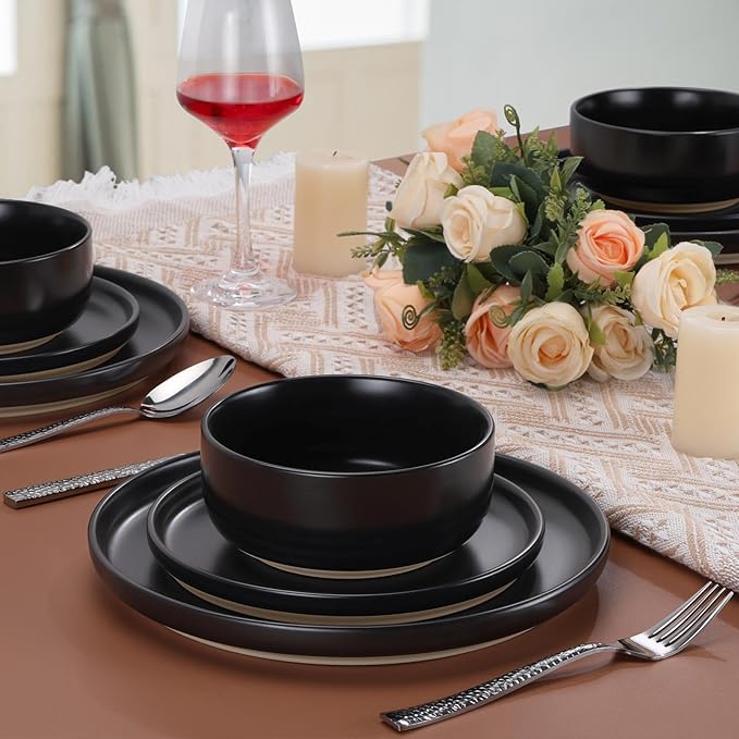 LIANYU Plates and Bowls Sets for 2 6 Piece Stoneware Dinnerware Set Porcelain Dishware for Kitchen and Dining Microwave Oven Dishwasher Safe High temperature &amp Scratch Resistant Matte Black