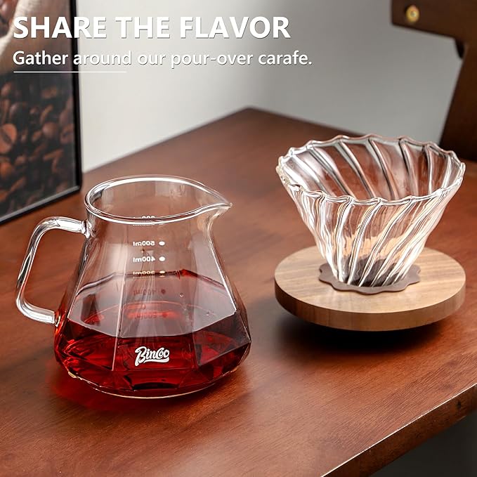 Bincoo Pour Over Coffee Maker Set - Borosilicate Glass Dripper with Walnut Handle &amp Glass Lid 50 pcs Paper Filters Included - 600ml Pour Over Coffee Dripper for Home Café &amp Camping (Dark Gr