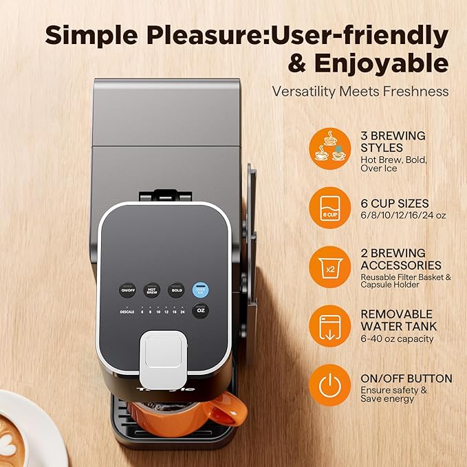 Hot &amp Iced Coffee Maker with Magnetic K-Pod Organizer (Pods Not Included) Stores 10 Pods 4-5 Cups Coffee Maker &amp Single-serve Brewer for K Cup &amp Grounds 40oz Removable Water Tank Black