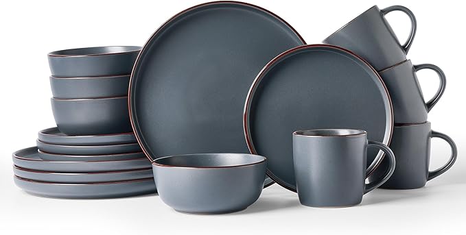 Famiware Mercury Dinnerware Sets with Mugs Service for 4 (16 Pieces) Plates and Bowls Sets Microwave and Dishwasher Safe Dishes Set Charcoal