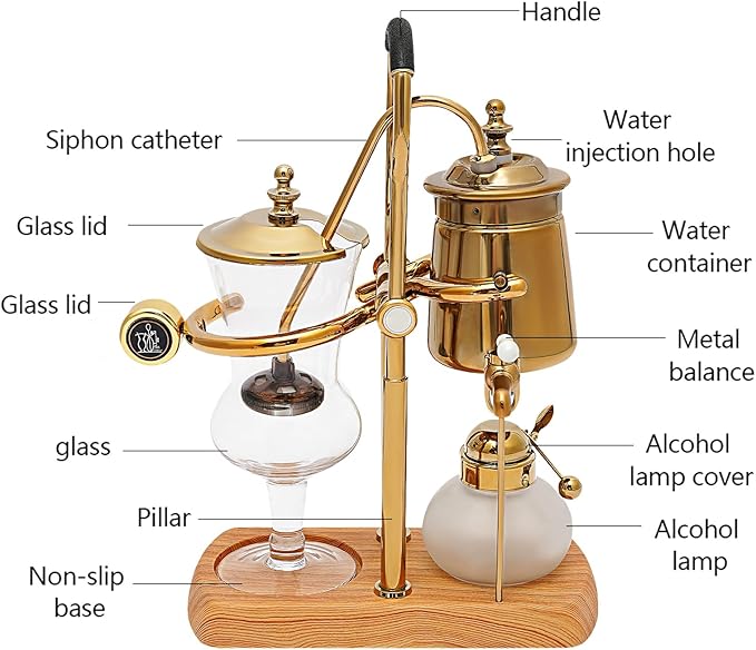Belgian Luxury Royal Family Balance Siphon Coffee Maker Set Elegant Retro-Style Double Ridged Fulcrum with Tee Handle Classic Gold Coffee Machine for Gourmet Brewing