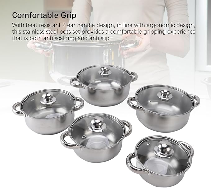 5pcs Stainless Steel Pots Kitchen Cookware Set Saucepan with Glass Lid Stockpot Soup Pot with 2 Ear Handle for Cooking Dishwasher