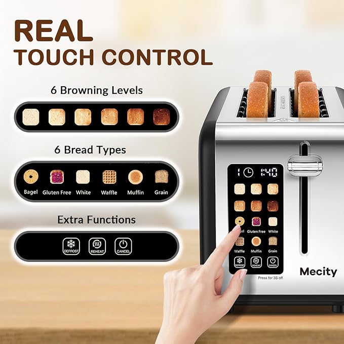 Mecity 4 Slice Toaster with Touchscreen Long Slot Stainless Steel Smart Bread Toaster for Bagel Muffin Waffle Gluten Free Breads Timer Defrost Reheat 120V 1400W