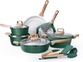 Country Kitchen Pots and Pans Set Nonstick Cast Aluminum Kitchen Cookware Set with Utensils 14 Pcs Non Stick Cooking Set w/Frying Pans &amp Saucepans Sage