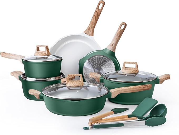 Country Kitchen Pots and Pans Set Nonstick Cast Aluminum Kitchen Cookware Set with Utensils 14 Pcs Non Stick Cooking Set w/Frying Pans &amp Saucepans Sage