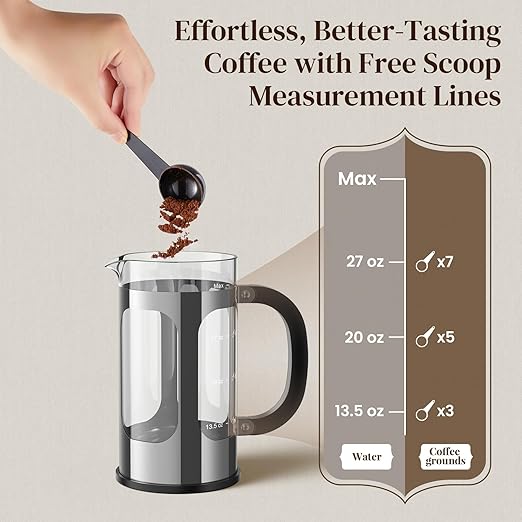 Veken French Press Coffee Maker 34oz 1 L No Plastic Touching Cafe Heat Resistant Thickened Borosilicate Glass Stainless Steel Brewer Cold Brew Cafetera Teapot for Kitchen Travel Camping Silver