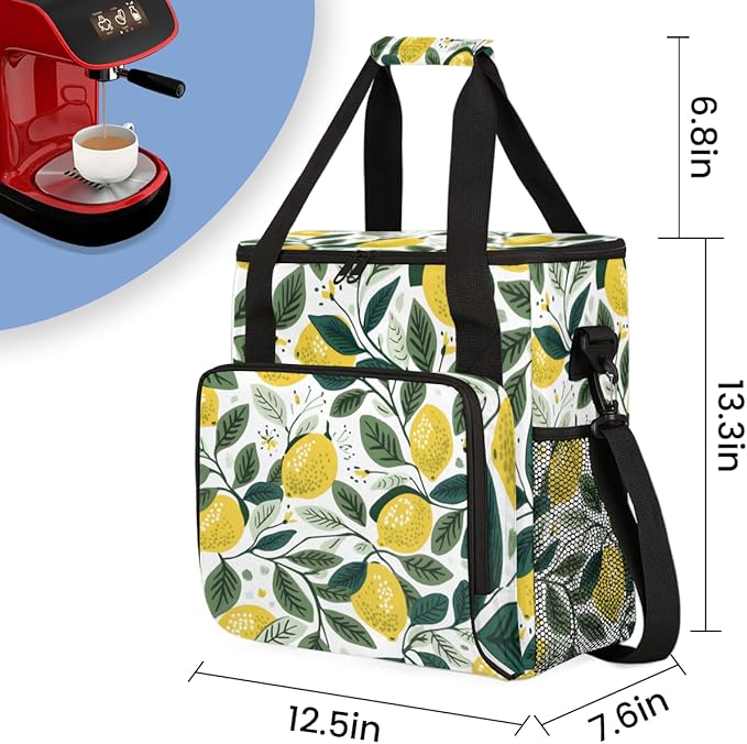 Lemon Leaf Coffee Maker Carrying Bag Portable Travel Storage Tote Bag Compatible with K-Mini or K-Mini Plus Single Serve Coffee Brewer Carrying Case with Multiple Pockets &amp Shoulder Strap