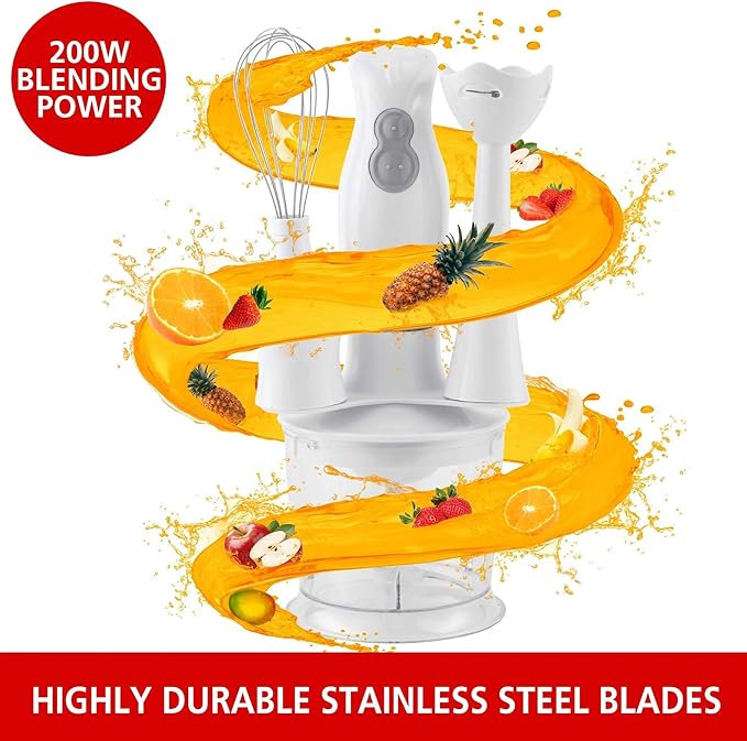 2-Speed Electric Hand Blender with Balloon Whisk – Ergonomic Immersion Blender for Mixing Chopping and Food Processing – Stainless Steel Blades 5ft Cord Dishwasher Safe (White)