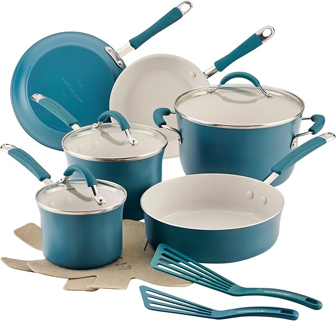 Rachael Ray Cucina Ceramic Cookware Set - 13 Pieces - Ceramic Pots and Pans Set w/Nonstick Frying Pans Saute Pan Saucepans Stockpot Lids Pan Protectors &amp Cooking Utensils - Marine Blue