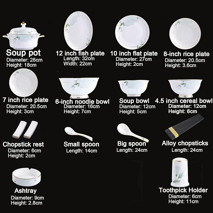 Bone China Dinner Set Porcelain White Dinnerware Kitchen Dinning Round Tableware Combination Set with Cereal Bowls Dessert Plates and Soup Plates (58 Pieces Service for 8 People)