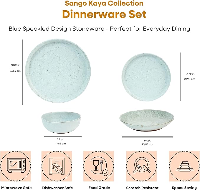 Sango 16-Piece Stoneware Dinnerware Set for 4 Semi-Matte Teal Plates and Bowls Sets with Rustic Speckled Glaze Ceramic Dish Set Elegant Boho Farmhouse Dishes Microwave &amp Dishwasher Safe Kaya
