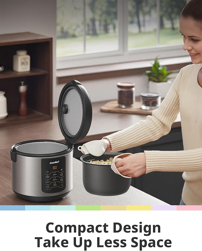 COMFEE' Compact Rice Cooker 6-in-1 Stainless Steel Multi Cooker Slow Cooker Steamer Saute and Warmer 2 QT 8 Cups Cooked(4 Cups Uncooked) Brown Rice Quinoa and Oatmeal 6 One-Touch Programs C