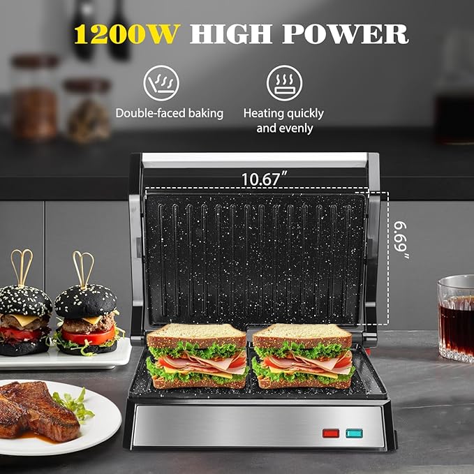 Aigostar Toaster 2 Slice Retro Extra-Wide Slot Toasters and Aigostar Panini Press 1200W Sandwich Maker and Electric Indoor Grill with Ceramic Non-Stick Coated Plates Opens 180°