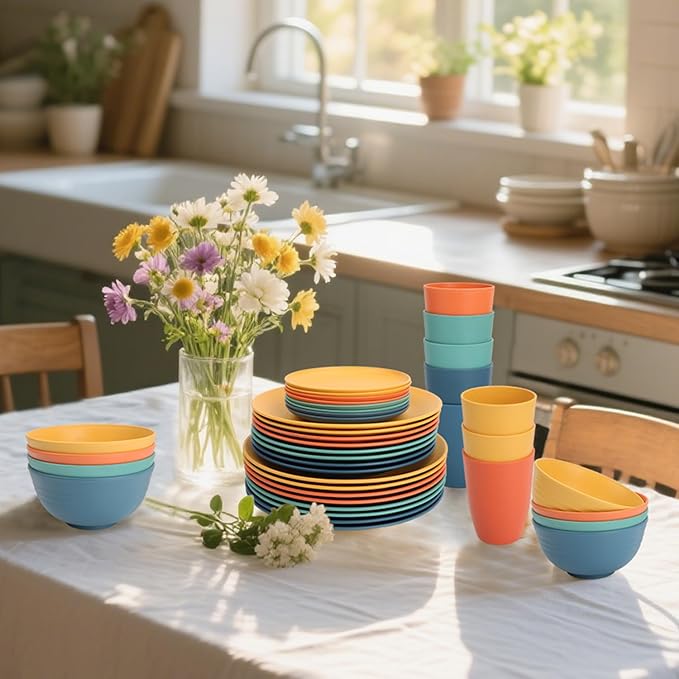 Wheat Straw Dinnerware Sets 40 PCS| Plates and Bowls Sets for 8 Unbreakable Dinner Plate Dessert Plates Cereal Bowl Drinking Cups Microwave Safe Dishes Set for Kitchen Outdoor - Multi
