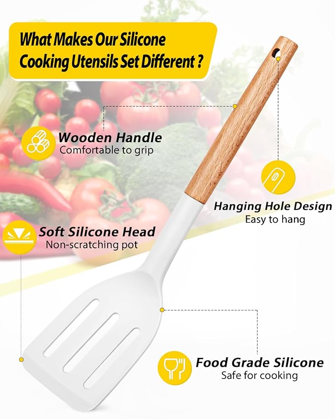 Pack of 4 Silicone Cooking Utensils Set Non Stick Solid Spatulas and Heat Resistant Slotted Spoons with Wooden Handle Ideal Wood Kitchen Utensils Set for FryingServingTurningStirring (WHITE)