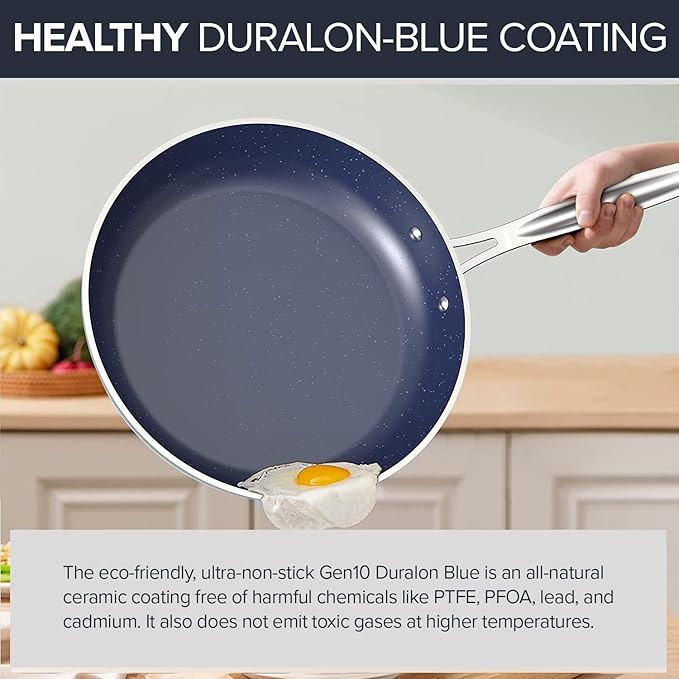 Nuwave 7pc Cookware Set Healthy Duralon Blue Ceramic Nonstick Coated Diamond Infused Scratch-Resistant PFAS Free Oven Safe Induction Ready &amp Evenly Heats Tempered Glass Lids &amp Stay-Cool H