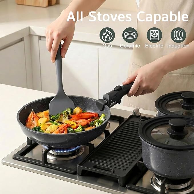 GiPP Ceramic Pots and Pans Set Non Stick Nonstick Detachable Handle Cookware Sets Healthy Non Toxic PFAS PFOA &amp PTFE Free Dishwasher ＆Oven Safe Induction Kitchen Pot and Pan 17 Piece Gray