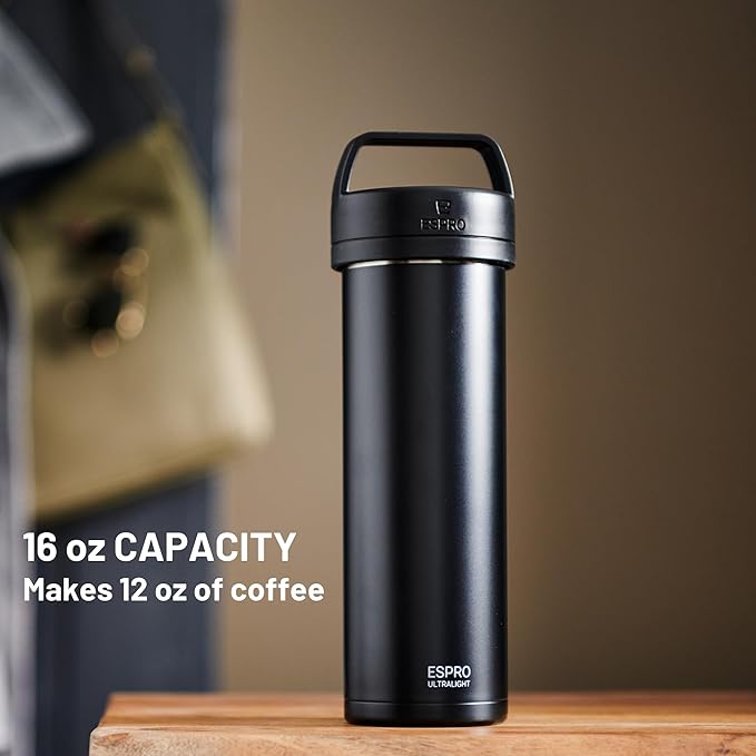 ESPRO P0 Ultralight French Press Coffee Maker for Travel Vacuum Insulated Stainless Steel 16 Ounces Matte Meteorite Black